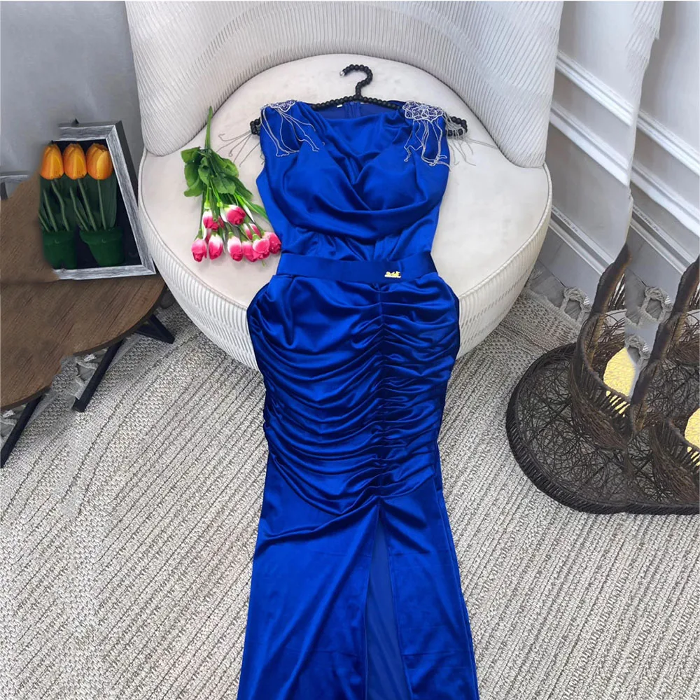 

Simple Pleats O-Neck Straight Tassels Women Evening Dresses Slit Draped Sequined Sleeveless Floor-length Prom Gowns