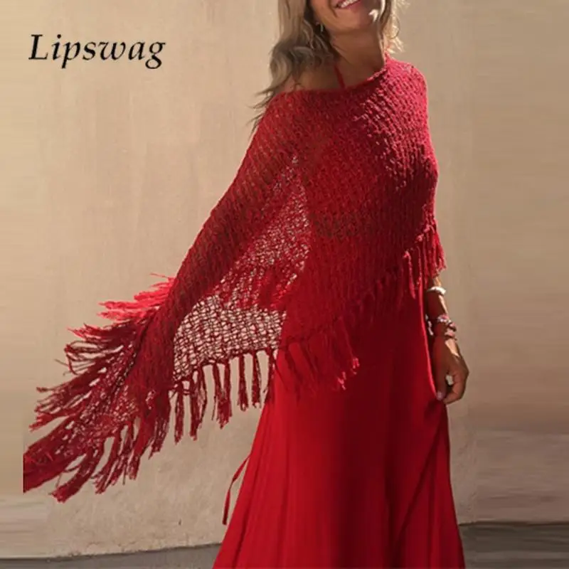 

Casual Solid Color Loose Knit Cape Shawl Summer Bat Sleeve Hollow Out Irregular Beach Pullover 2024 Women Tassel Sunscreen Shirt