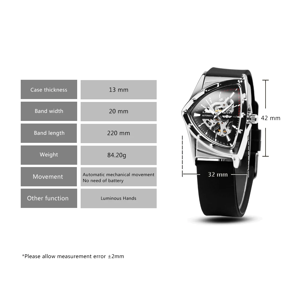 Mechanical Watch Men Automatic Triangle Skeleton Watch with Luminous Pointers Rubber Strap