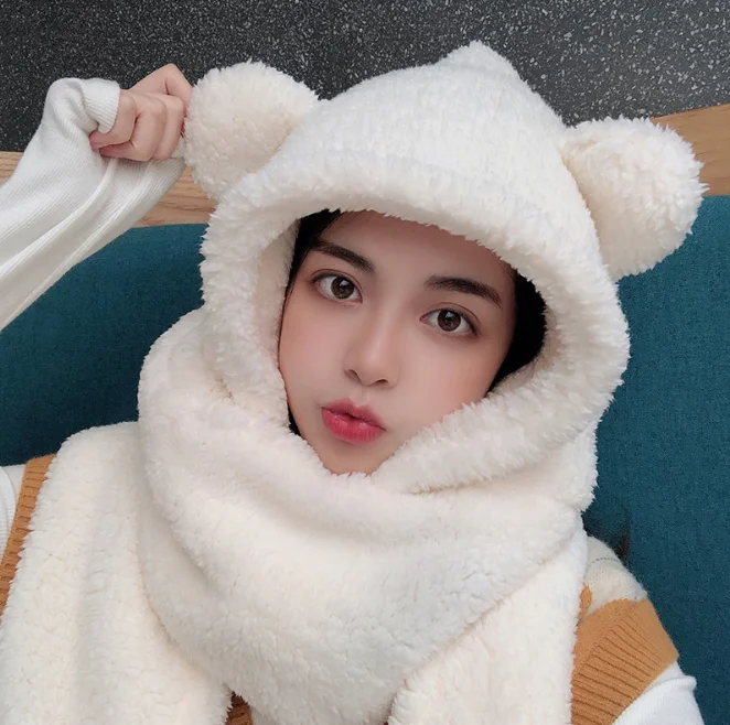 Little Bear Hat Scarf Autumn Winter Scarf Female Hat Scarf Gloves One Cartoon Cute Warm Plush Girl Fashion White women fluffy plush warm 3 in 1 hooded scarf hat gloves set cartoon bear cute ears winter windproof earflap cap pocket mittens