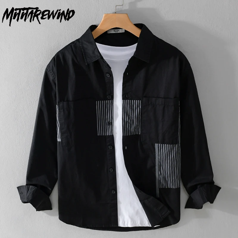 

Рубашка мужская с длинным рукавом, Уличная Повседневная сорочка в полоску, с лацканами, дизайнерская Молодежная модная Топ, черный цвет, весна-лето