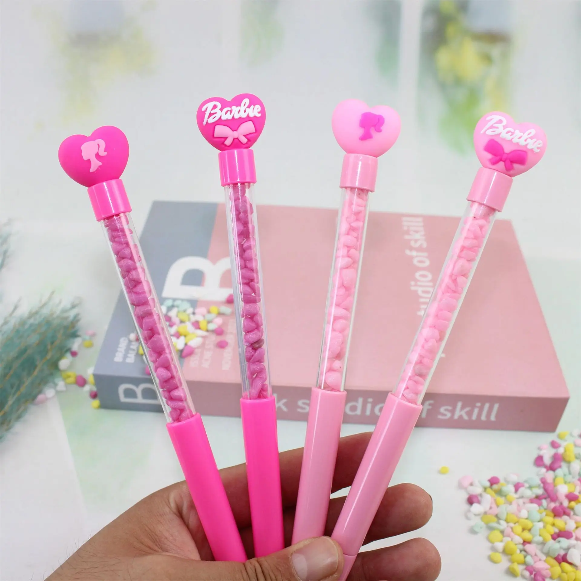 

4Pcs Black Blue Barbie Love Color Stone Student Exam Pen Student Office Study Stationery School Gift Signature Pen Supplies
