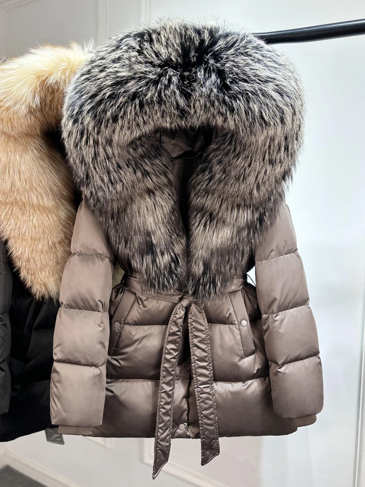 2025 Luxury Winter Large Natural Silver Fox Fur Hooded 90% Goose Down Jacket Women Thickened Warm Coat Waterproof Belted Parkas