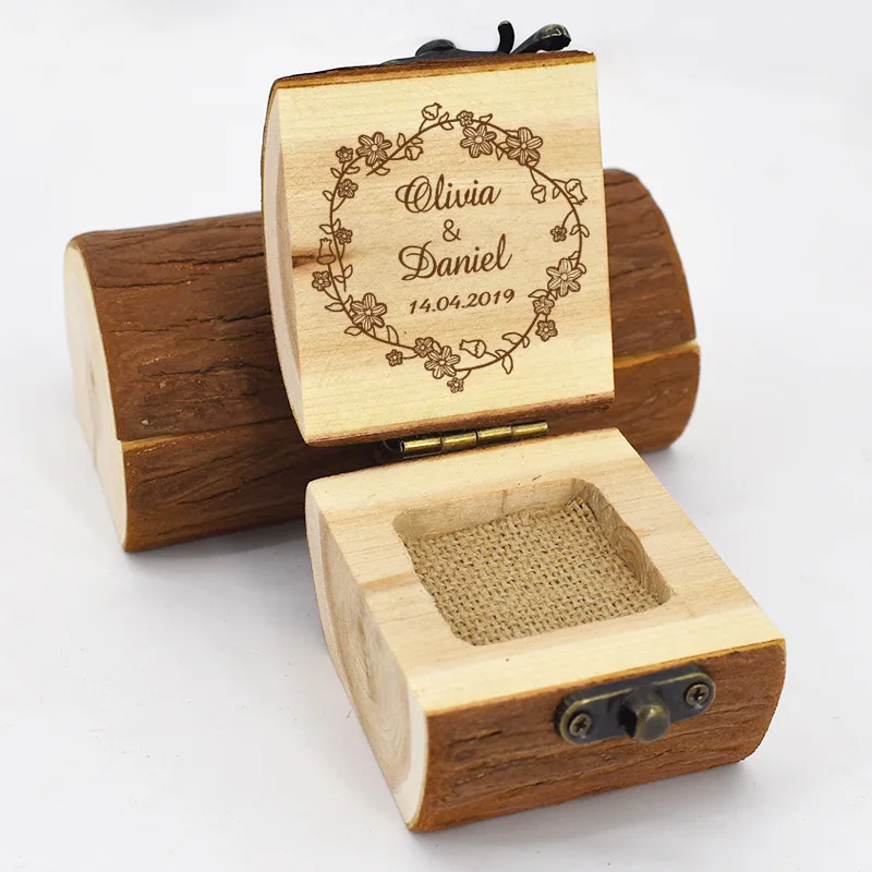 

Customized Forest Style Wooden Ring Box European Style Bride and Groom Wedding Engraving Wooden Retro Ring Box Jewelry Box