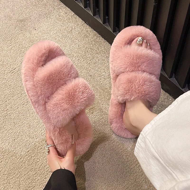 

Shevalues Plush Fur Slippers Women 2023 Winter Slip on Platform Mules Slides Home Indoor Warm Soft Sole Cozy Velvet Cotton Shoes