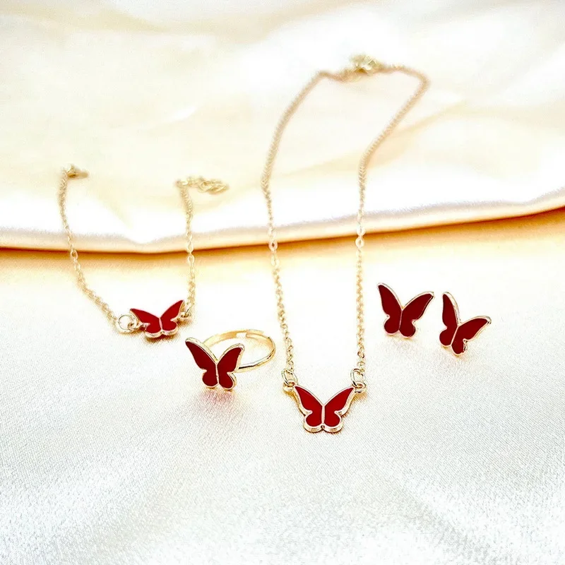 4Pcs Exquisite Butterfly Drop Glazed Jewelry Sets Women New Fashion Versatile Butterfly Pendant Jewelry Set Biżuteria Komplet