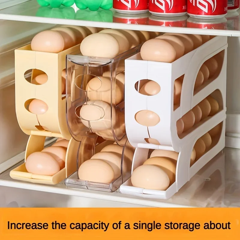 Egg Dispenser 4-Tier Sliding Automatic Rolling Egg Rack Refrigerator Storage Box Shatterproof Design
