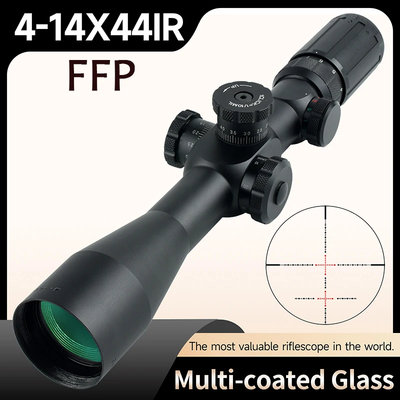 

4-14X44 IR FFP Tactical Hunting Riflescope Side Wheel Parallax Red Green Reticle Optical Adjustable Sniper Rifle Scope