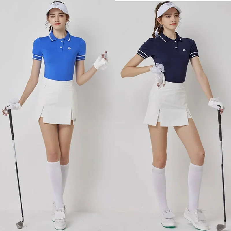 

Блузка Blktee Женская в полоску с защитой от пота, рубашка-поло с коротким рукавом, топы, женская двухслойная плиссированная юбка, облегающие повседневные костюмы-карандаш