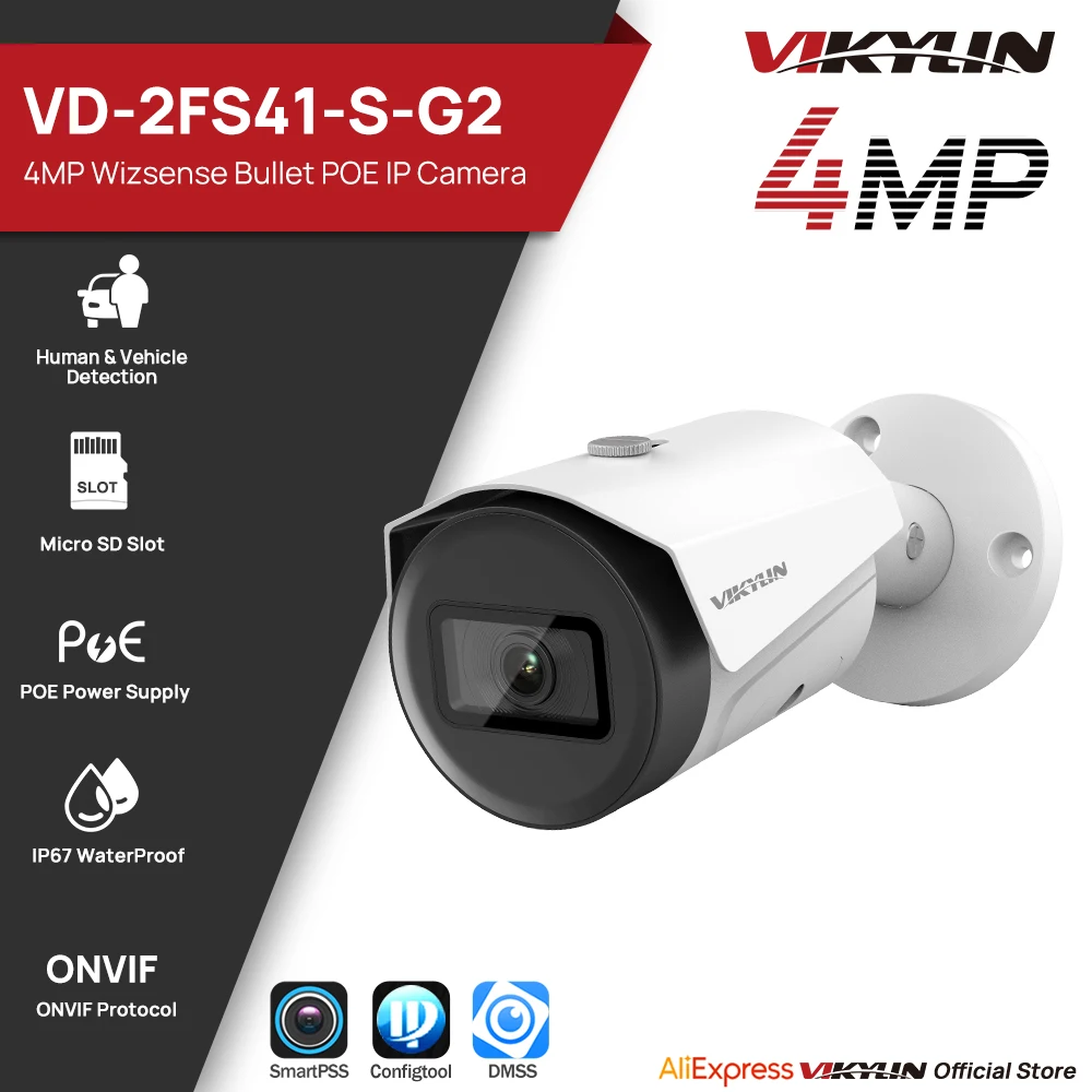 

IP-камера видеонаблюдения Vikylin, 4 МП, 2K, Wizsense, цилиндрическая камера наблюдения для Dahua HFW2441S-S-G2 OEM POE SD, слот MIC, 4 МП