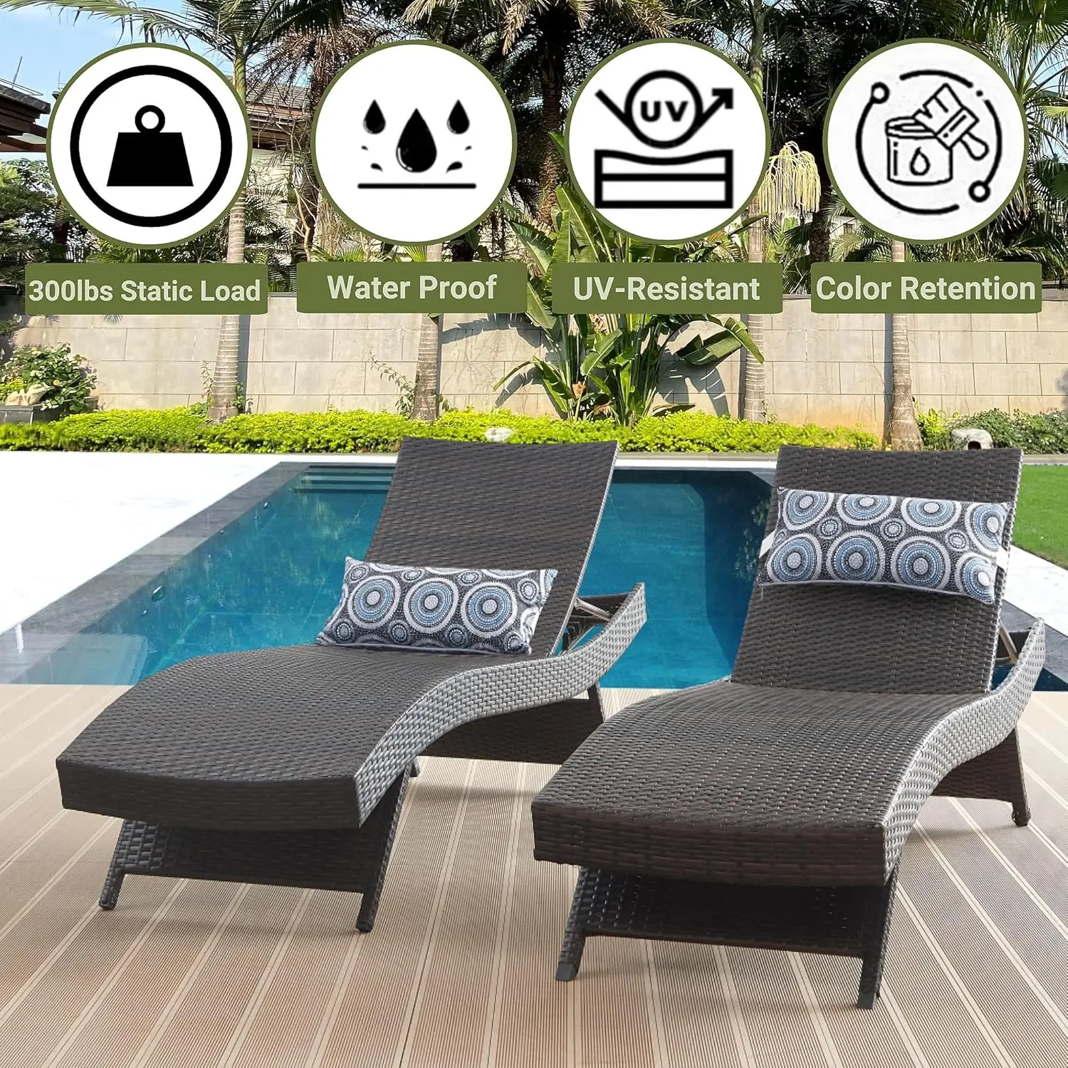 79'' Long Reclining Chair Set of 2 Cushions, PE Wicker Chaise Lounge for Beach/Poolside/Garden, Brown