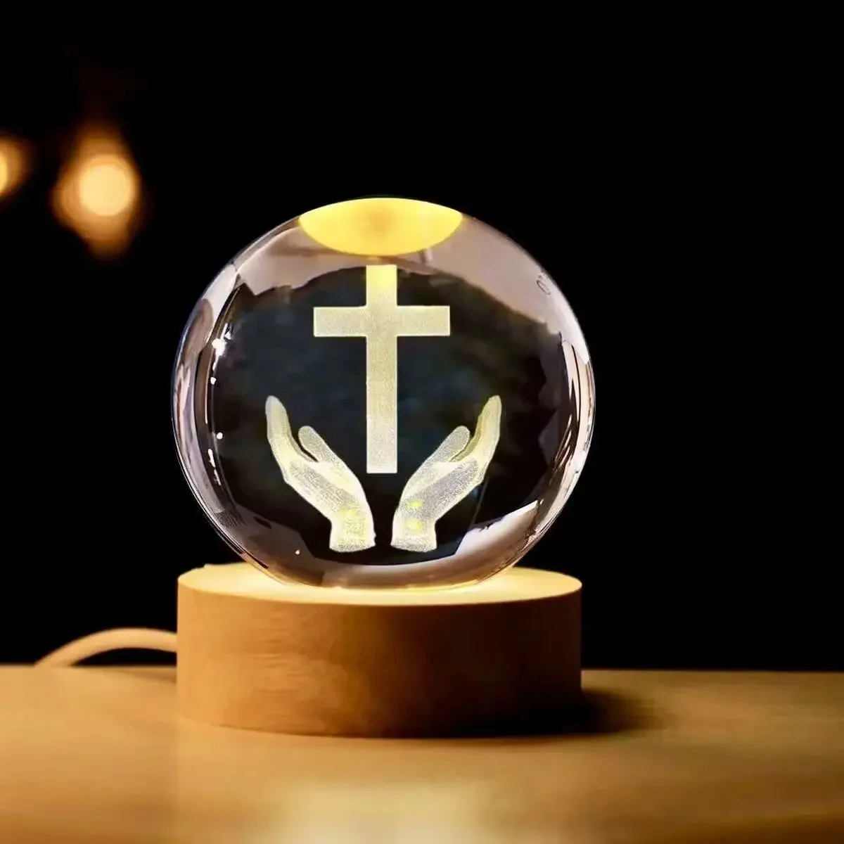 3D Crystal Ball Cross Hand Multicolor 3D LED Night Light Praying Hands Gifts for Women Man Christian