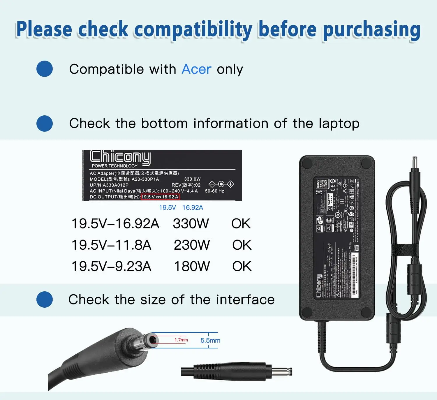330W 19.5V 16.92A Laptop Power Adapter Charger for Acer Predator Helios 300 N20C11 N20C3 N22C3,Nitro17 16 15 AN17-51 A20-330P1A1 for Laptop Charger Power Adapter