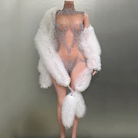 Luxury Diamonds Sexy See Through Sleeveless Sheath Bodysuit Evening Party Performance Costume Nightclub Singer Dancer Stage Wear