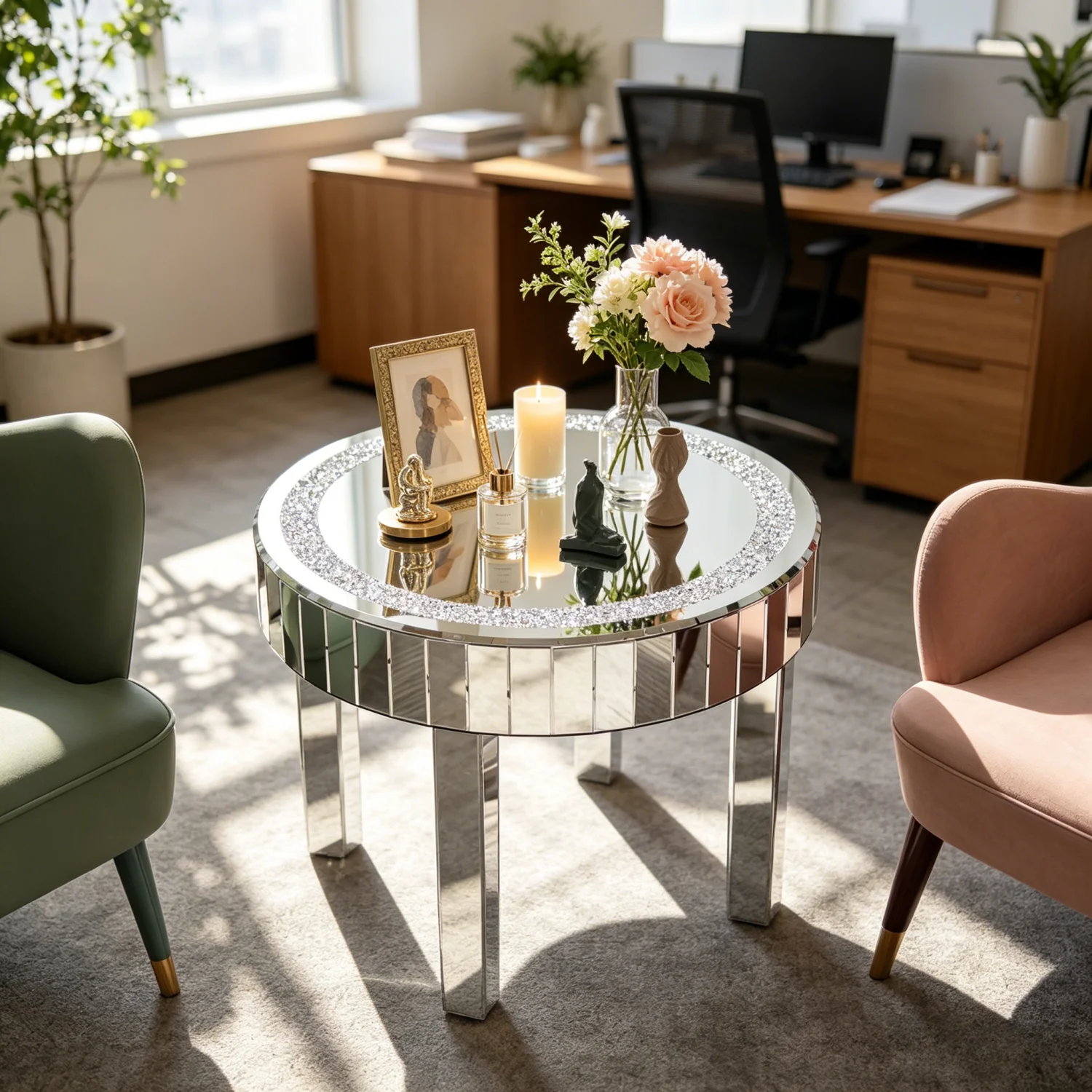 Crushed Crystal Round Mirrored Coffee Table, Sparkle Diamond, Sofa Side End Table, Accent Table, Bedside Table