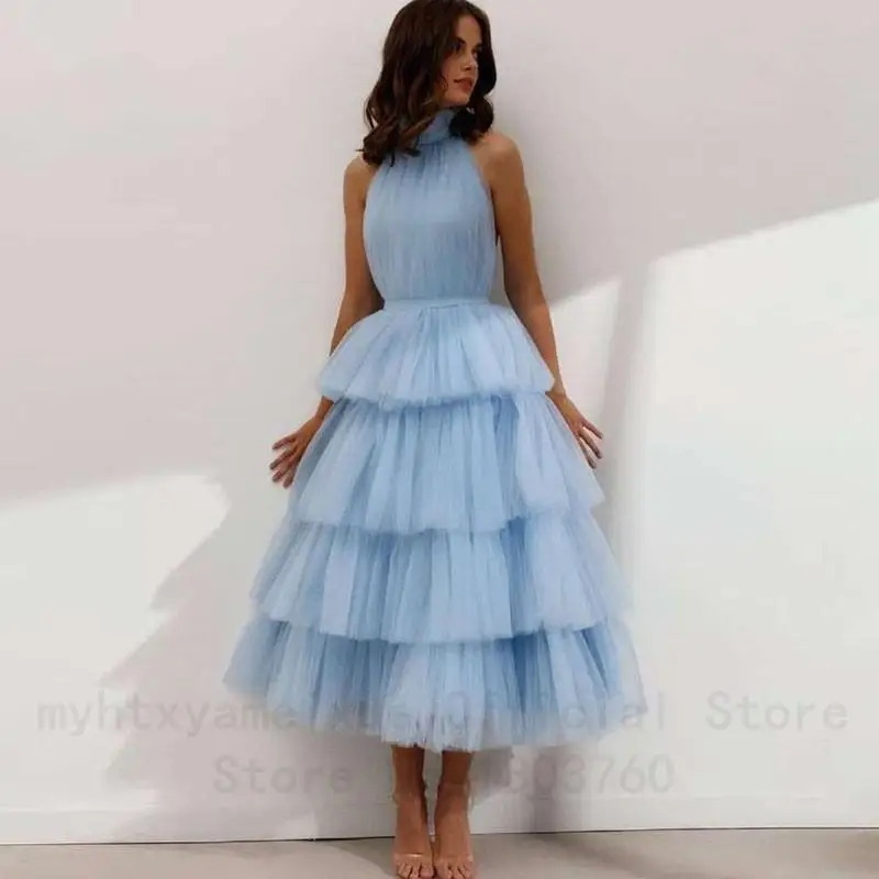 Sexy Cheap Blue Prom Dresses 2022 High Neck Tiered Tulle Tea Length Backless Summer Arabic Wedding Party Gown Graduation Dress orange prom dresses