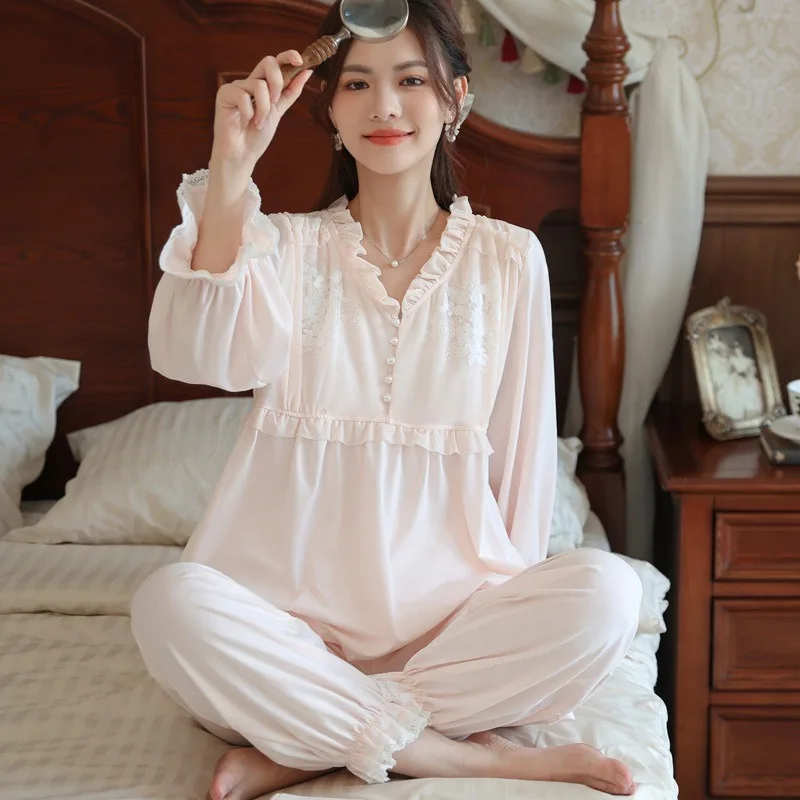 

2pcs Palace Style Pajamas for Women Lace Flower Ruffles Long Sleeve Button Top Trousers Sleepwear Women's Pijama Sexy Mujer Pjs