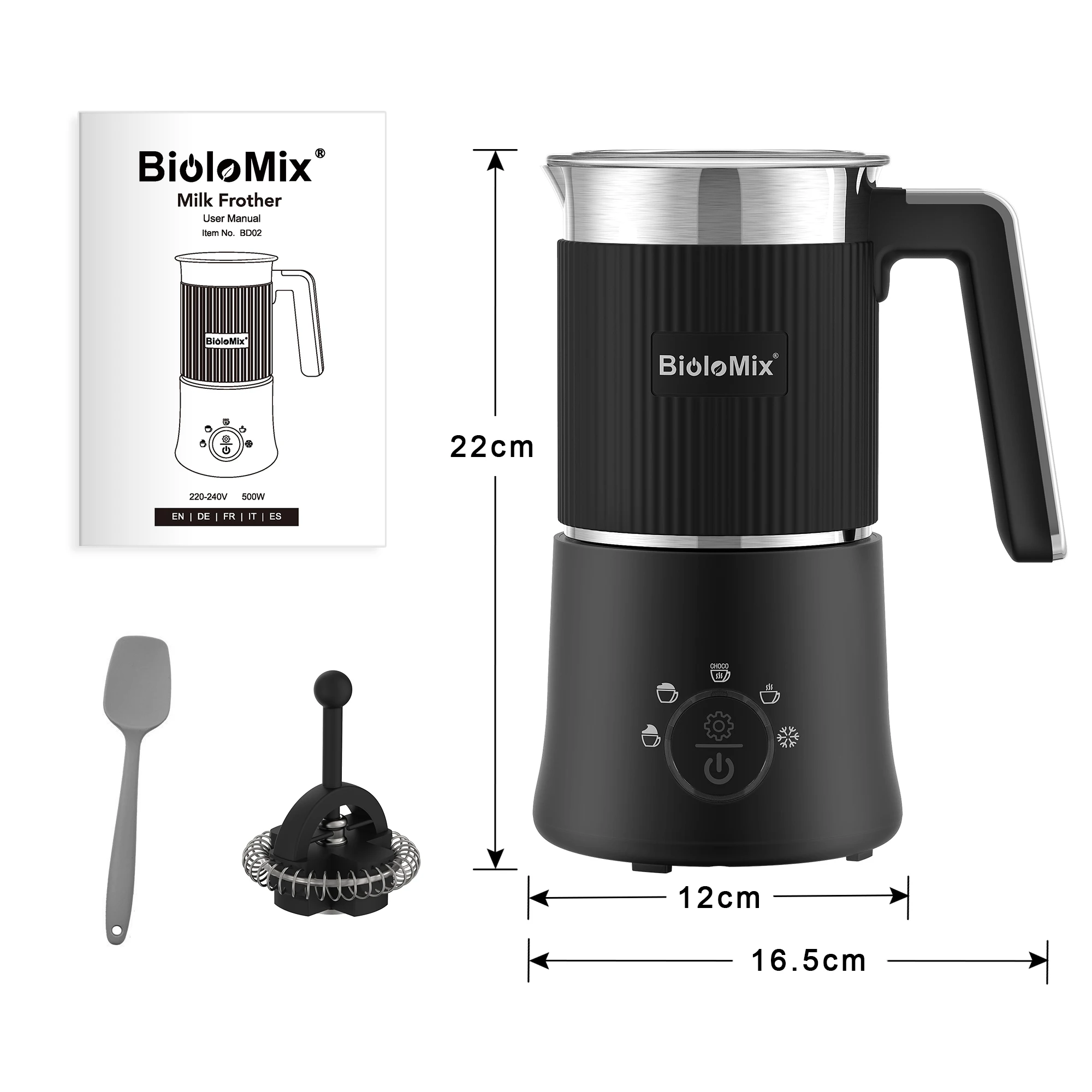 BioloMix Detachable Milk Frother and Steamer,5-in-1 Automatic Hot/Cold Foam and Hot Chocolate Maker,Dishwasher Safe 6