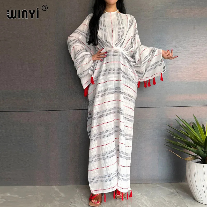 

WINYI Bohemian fringed dress summer Floor-sweeping dress Elegant Kuwaiti Muslim kaftan Women Beach wear Swimsuit Covers dress