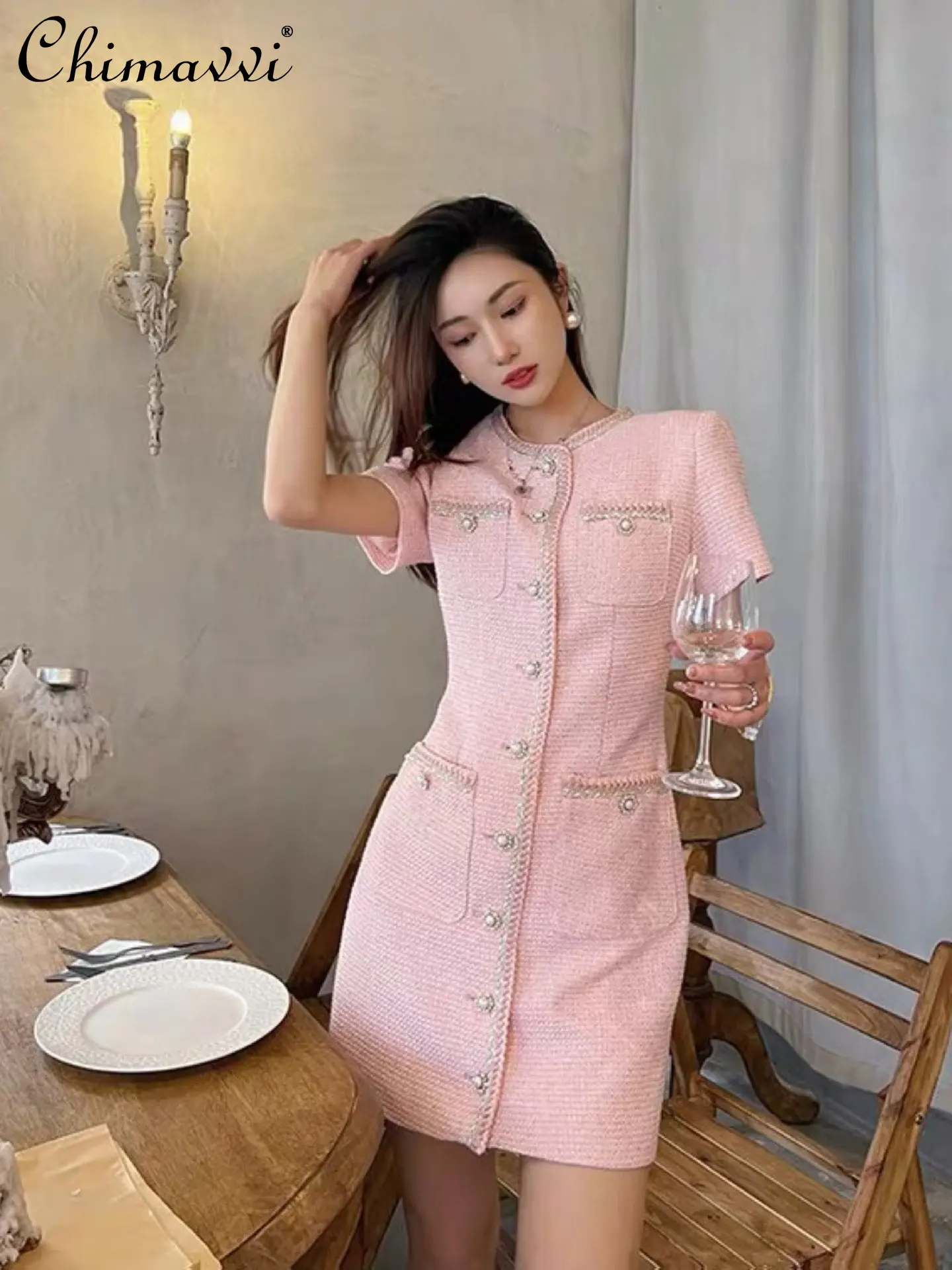 

Fashion Pink Short Sleeve Classic Style Above Knee Dress Women's 2023 Spring Summer New Elegant Trendy Woven Tweed Dress