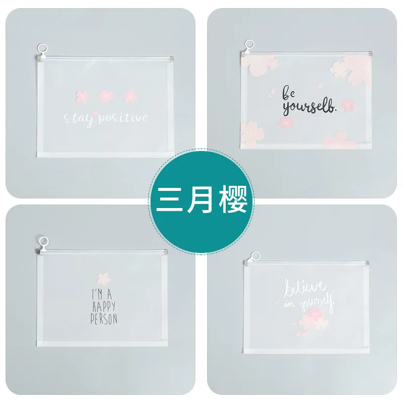 4pieces/set Of A4 Transparent Bags Folders File Jackets Snap On File Pockets Pink Sakura Pattern file bag