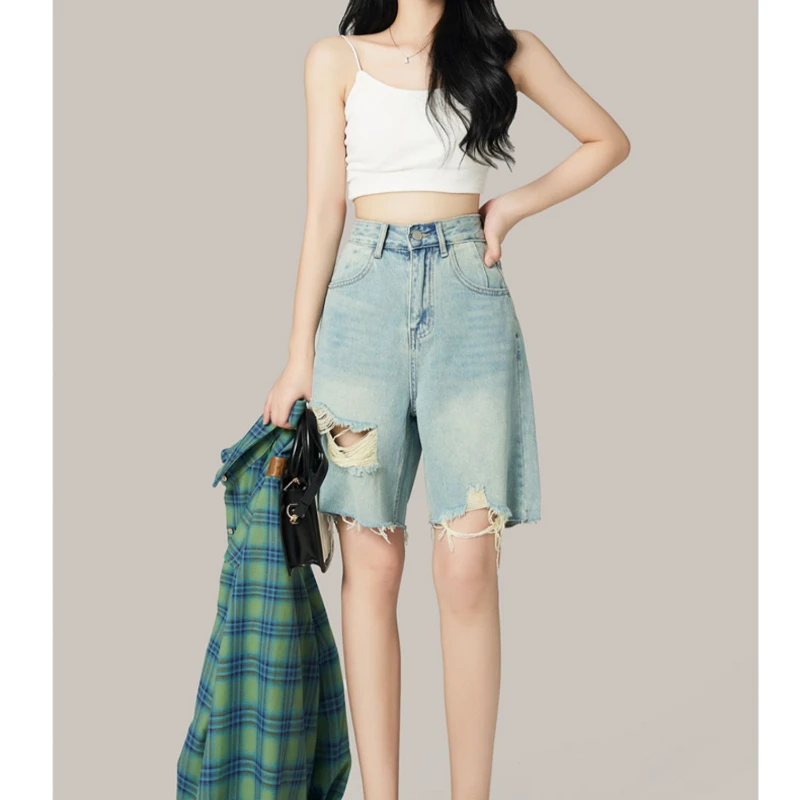 Cropped Denim Shorts Women's Gradient Blue Fashion Loose Spring Summer New High Waist Casual All-Match Wide Leg Mid-Length Thin