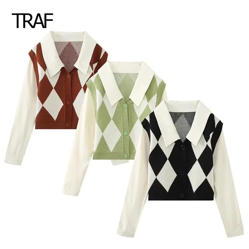 

TRAF Knitted Plaid Shirt Women's Blouse Autumn Lapel Collar Long Sleeves Top Korean Style Blouse Elegant And Youth Woman Blouses