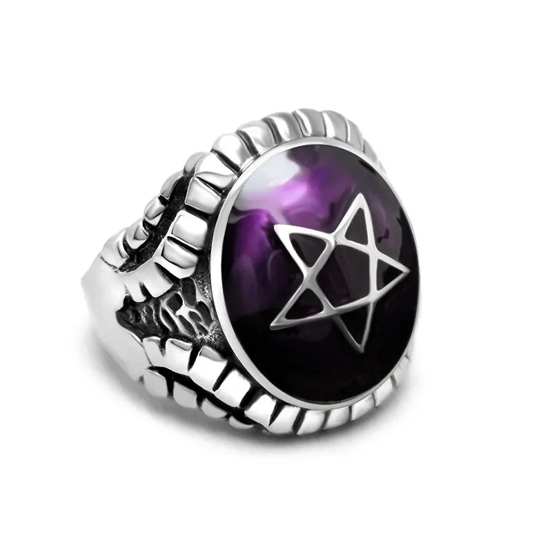 Retro Hexagonal Star Titanium Steel Epoxy Ring for Men and Women Fashion Personality Accessories Gift Vintage Mens Rings Jewelry 4