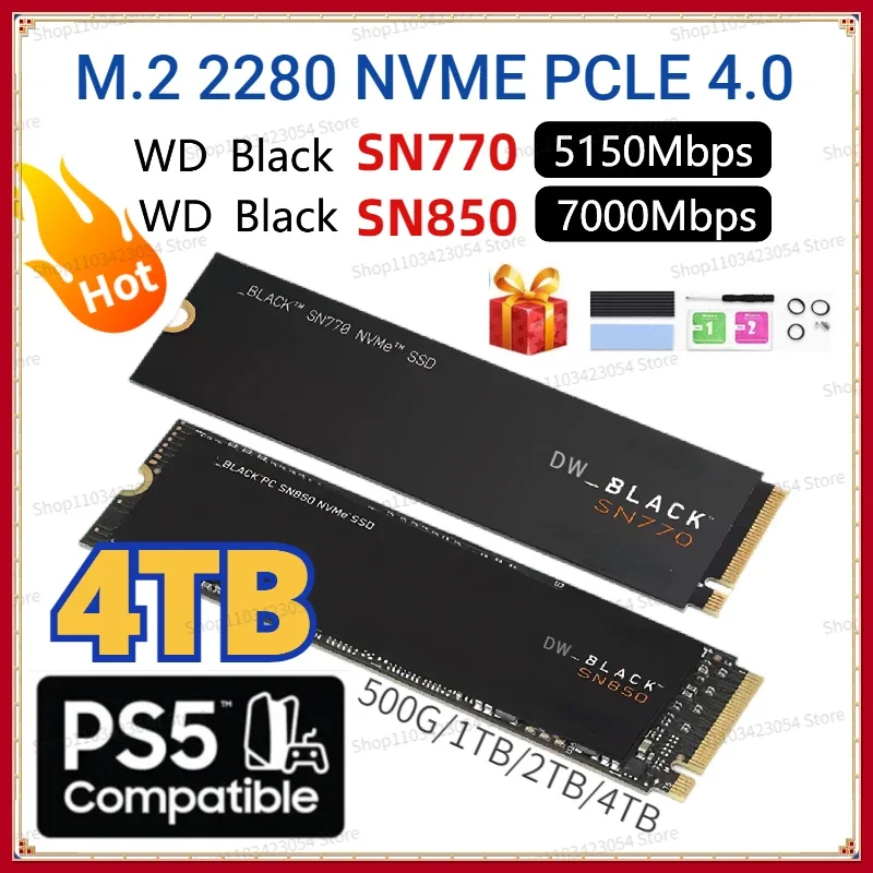 

For Western Digital WD BLACK SN770 SN850 NVMe SSD 4TB 2TB 1TB 500GB Internal Gaming Solid State Drive Gen4 PCIe4.0 M.2 2280