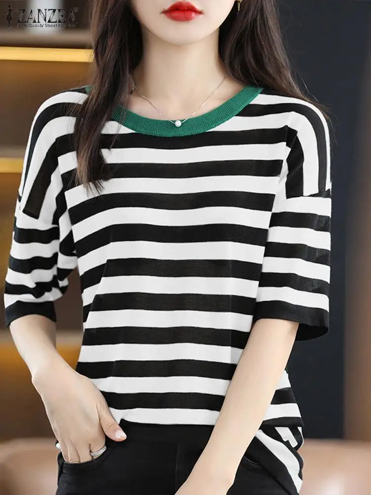 

Женская летняя рубашка ZANZEA с круглым вырезом и коротким рукавом, элегантная полосатая блузка, повседневные свободные праздничные топы, туника, женские офисные Блузы для работы