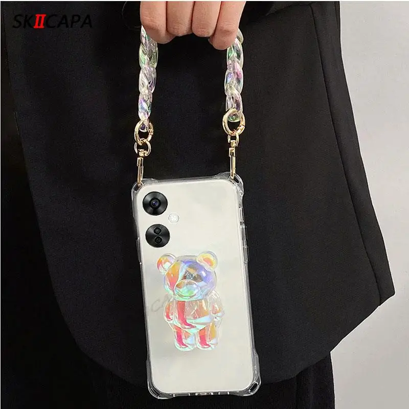 3D Laser Bear Holder Clear Cover with Wrist Chain Silicone Case