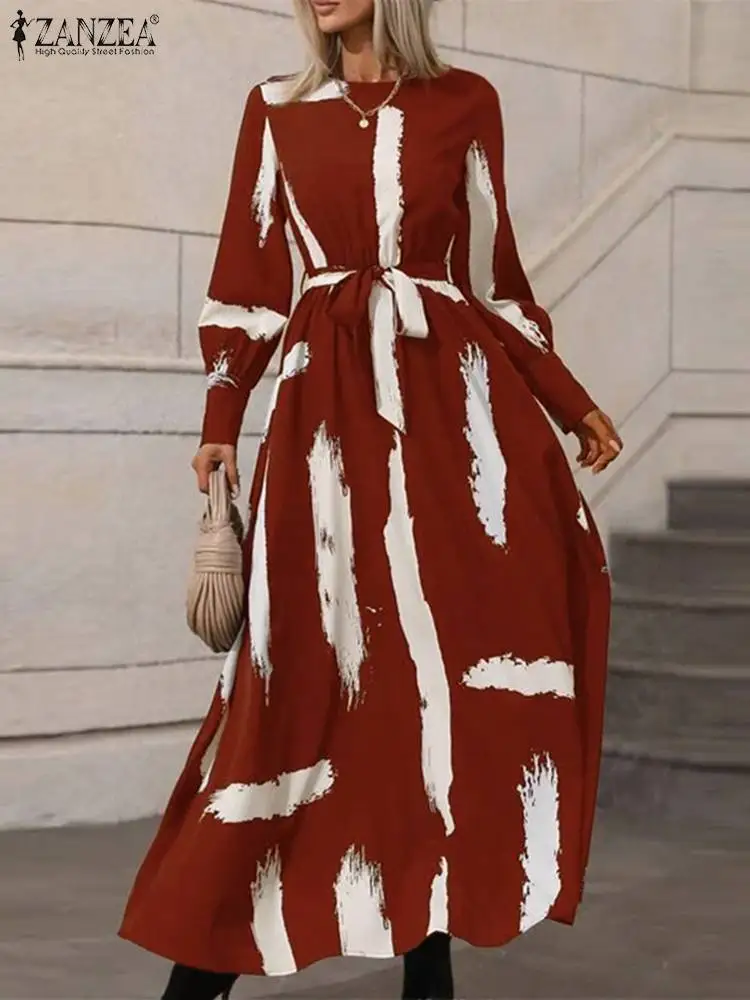

ZANZEA 2023 O-neck Bandage Dresses Women Printed Maxi Dresses Vintage Long Sleeve Long Robe Autumn Holiday Street Vestidos Femme