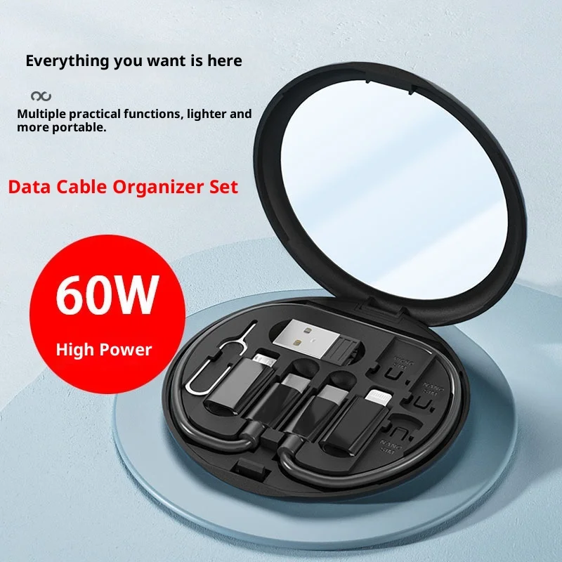 60W 멀티 4-in-1 고속 충전 데이터 케이블 타입-C USB-C 마이크로 USB 라이트닝 충전기 코드 보관함 및 휴대폰 거치대 포함