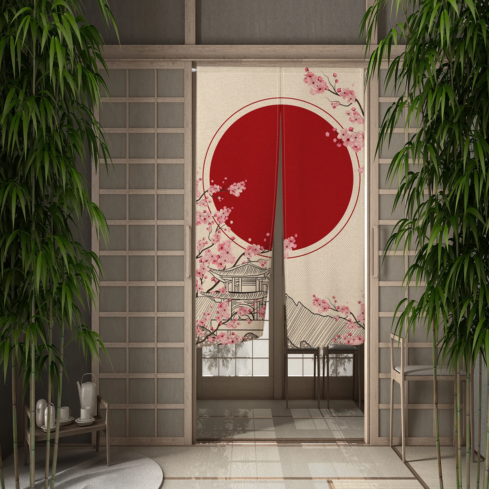 Japan Door Curtains Red Sun Japanese Shrine Door Red Round Plum Blossom Noren Kitchen Room Partition Half Curtains Blocking 2