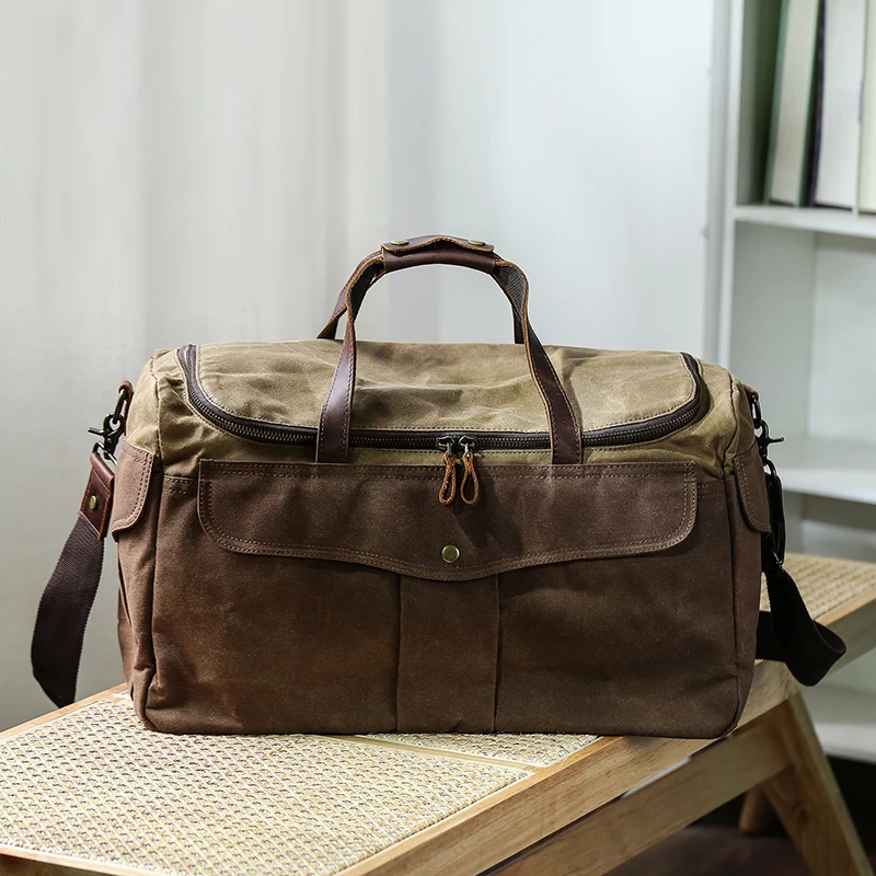 

WaterProof Wax Canva Leather Men's Travel Bag Totes Luggage Bag Vintage Carry On Large Male Duffle Big Overnight Weekend Bag