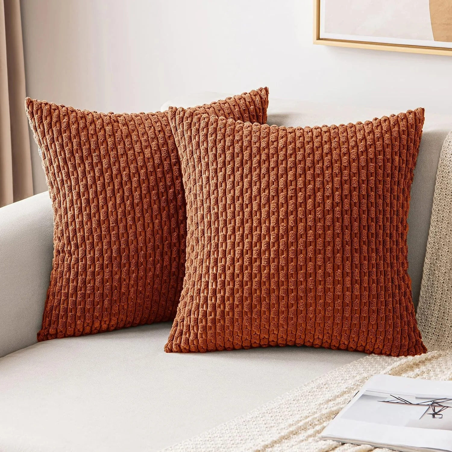 Fancy Homi Lot De 2 Housses De Coussin Décoratives Carrées Avec Pompons De Style Rustique Et Bohème En Velours Côtelé Doux, Pour Décoration