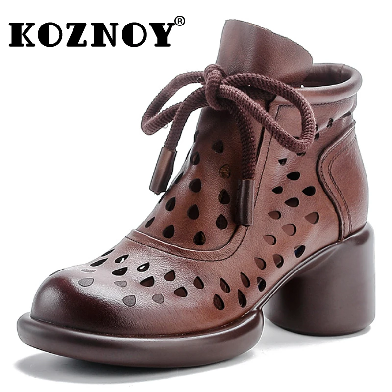 

Koznoy 6cm Summer Boots Women Motorcycle Hollow Designer Moccasins Natural Genuine Leather Sandals Ankle Mid Calf Booties Shoes