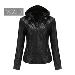 Spring Women Hooded Casual Leather Clothing Outdoor Windproof PU Leather Top Fashion Slim Motorcycle Wear Women's Clothing