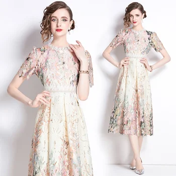 Ele Faionable Soluble Lace Hollow out Print Midi Dr Ladylike Polyester ort Sve A-Line Dr for All Seasons 1