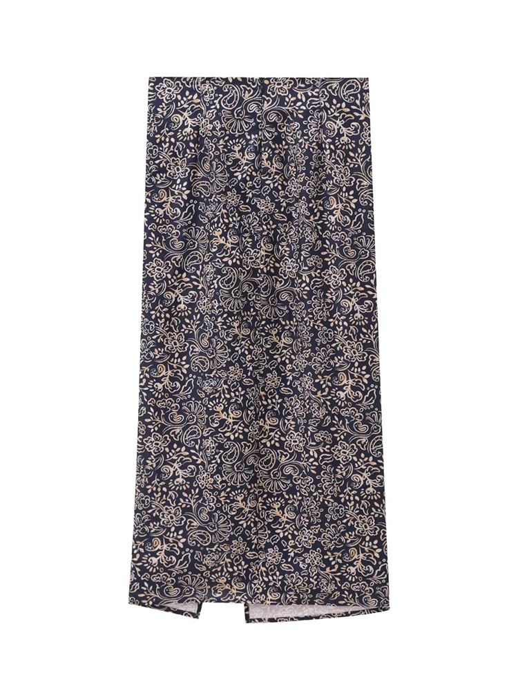 TFMLN New Women's Print Linen Skirt 2024 Vintage Holiday Style Zipper Straight Midi Skirts for Women