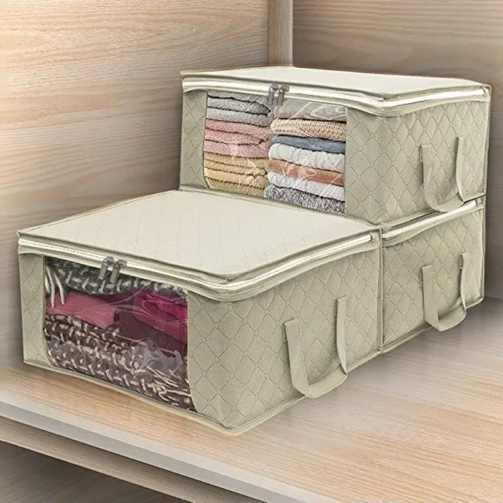 Clothing Storage Bag Large Capacity Dustproof Storage Bag Folding Non Woven Clothes Organizer Clear Window Zipper with Handles