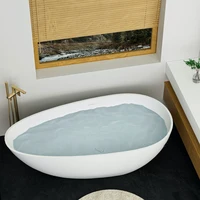 67" Freestanding Solid Surface Bathtub, Luxury Engineered Stone Resin Freestanding Soaking Bathtub with 1