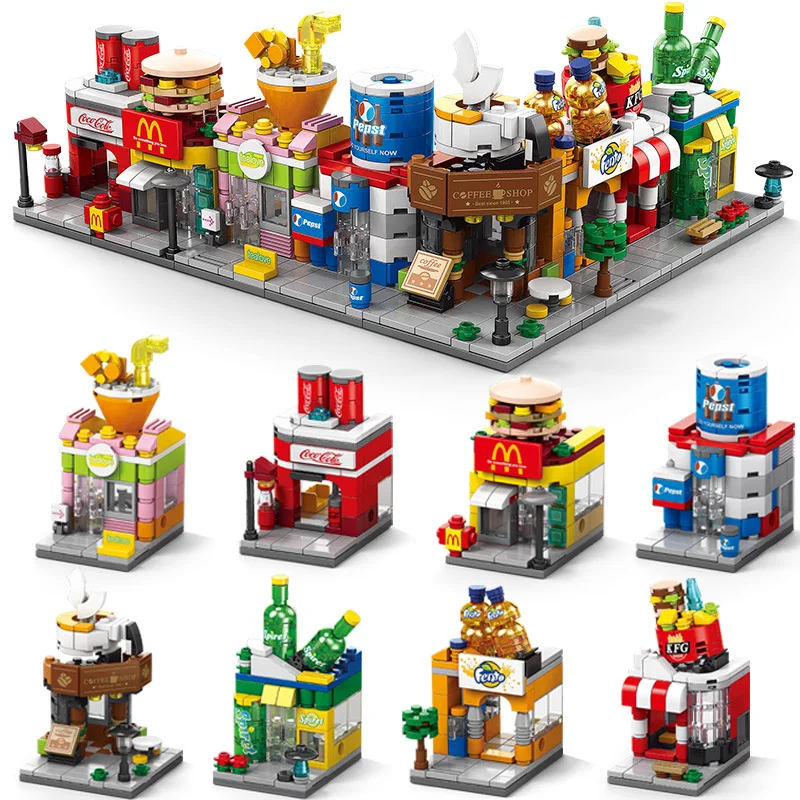 NEW DIY Architecture Coffee Milk Tea Store Street View Food House Building Blocks Kit Girls Bricks Movie Model Kids Toy Children