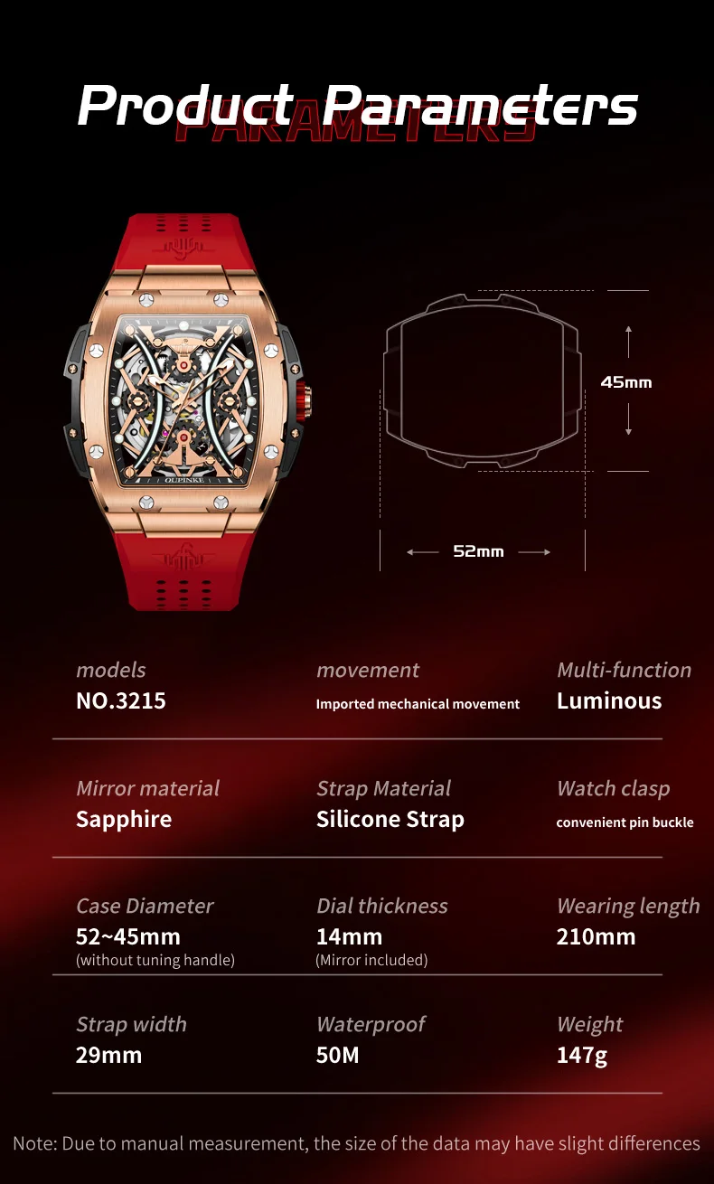 OUPINKE 3215 Automatic Watch For Men Deep Waterproof Big Dial Hollow Mechanical Wristwatch Silicone Strap Fashion Man Watches