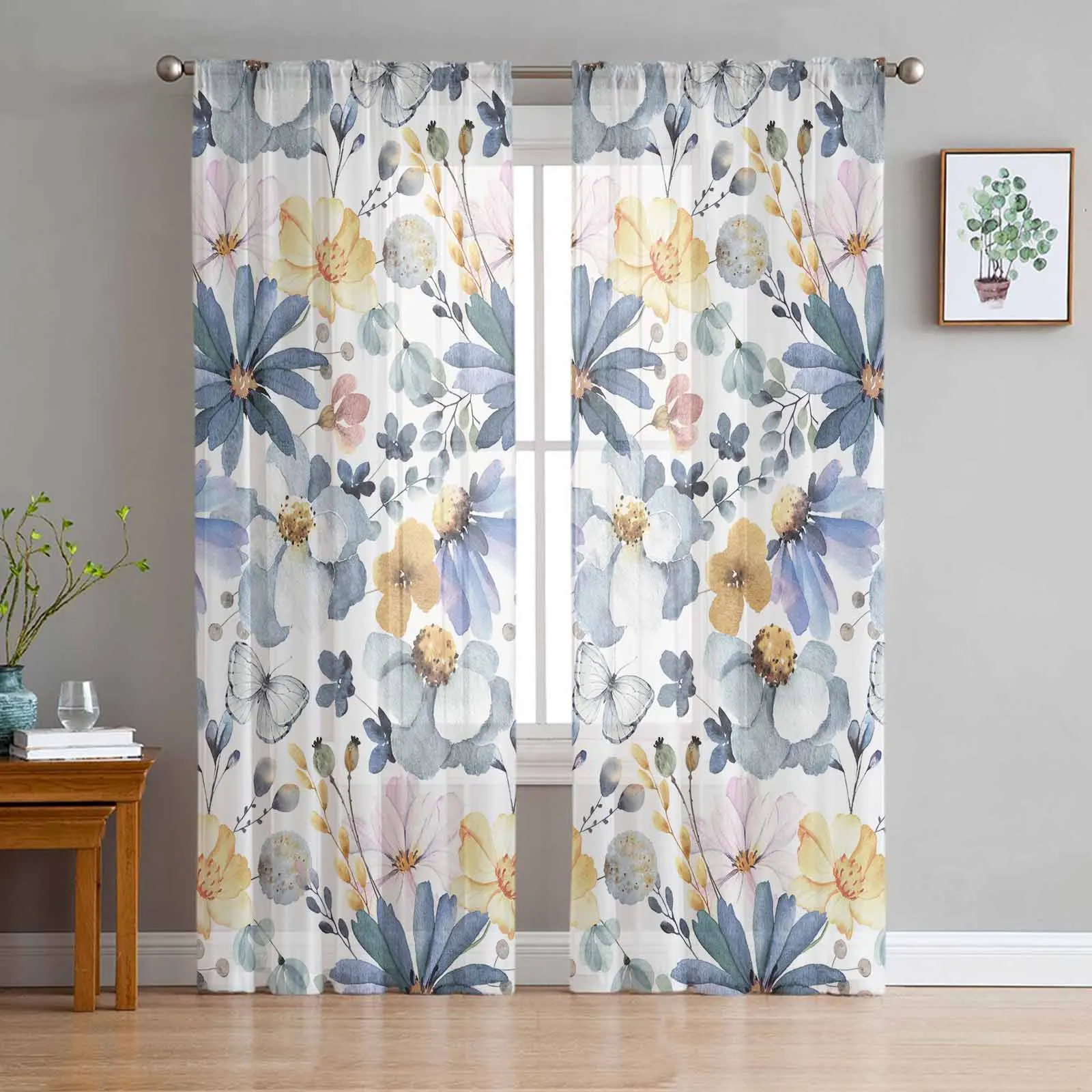 

Summer Pastoral Style Plants Wildflowers Tulle Curtains for Living Room Sheer Curtain for Bedroom Kitchen Blinds Voile Curtains