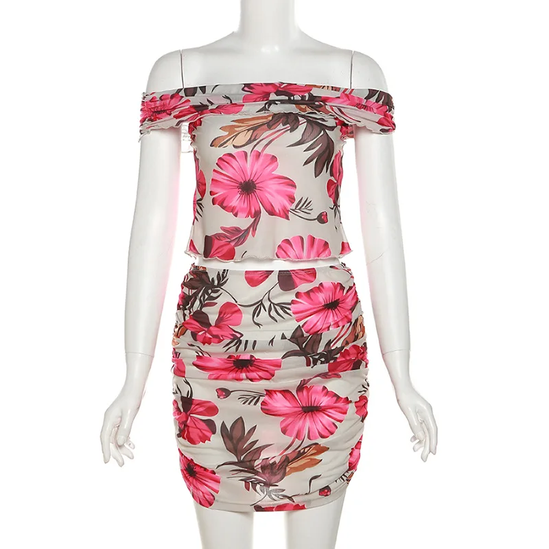 Sexy Printed Two Piece Skirt Set Slash Neck Crop Top Mini Skirts 2 Pieces Streetwear Floral Club Party Suit Summer Clothing 2023
