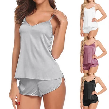 Women Sexy Ice Silky Pajamas Nightclothes Sleepwear Camisole And Shorts White Black Gray L XL XXL Comfortable Casual Summer 1