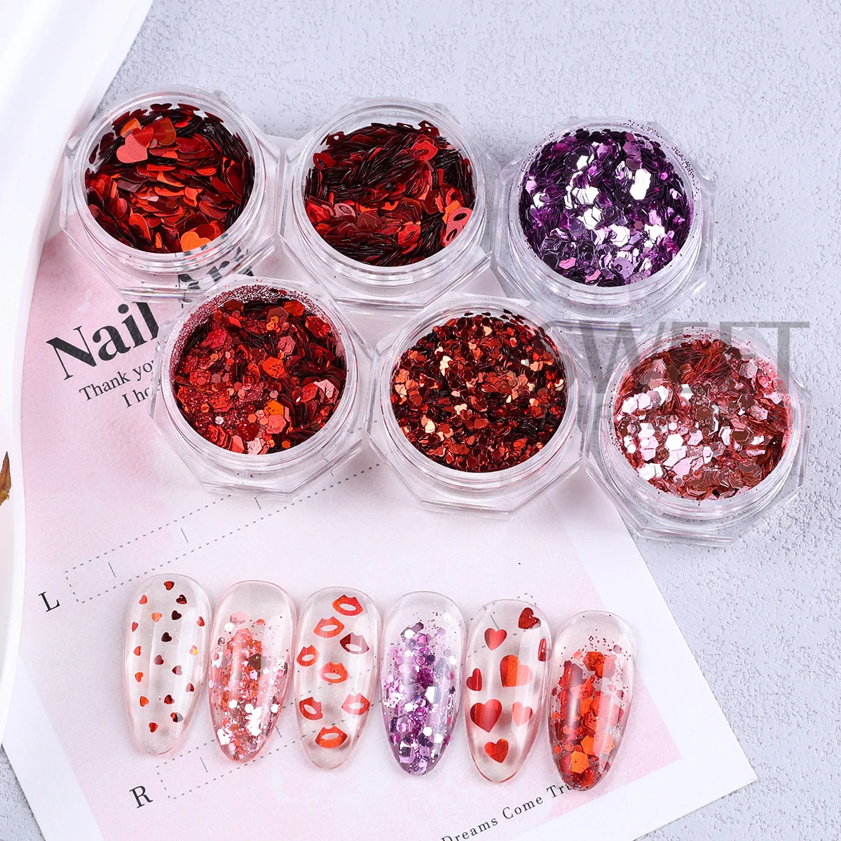 12pcs Sweet Valentine's Series Nail Glitter Mixed Red Pink Mini Love Heart Lip Hexagon Sequins Festive Holiday Manicure Sparkly
