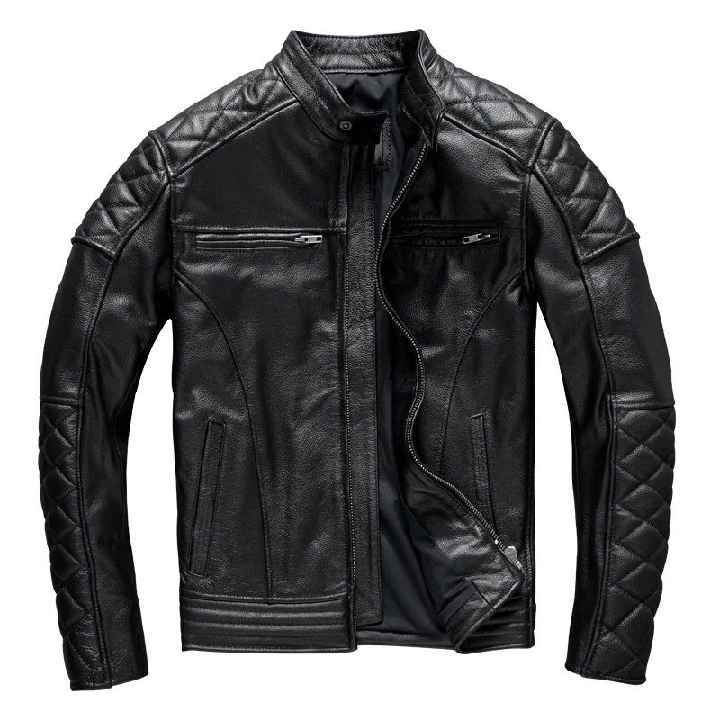 

Black Spring Men's Motorcycle Style Jacket Plus Size 5XL Natural Cowhide Autumn Slim Fit Short Biker's Genuine Leather Coats