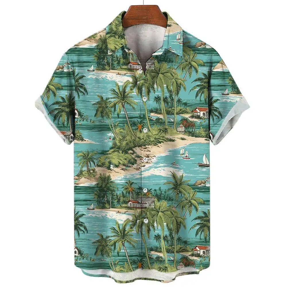 Summer Fashion Men's Short Sleeve Shirt Hawaiian Coconut Tree Print Street Casual Seaside Vacation Oversized Men's Shirt Tops 5